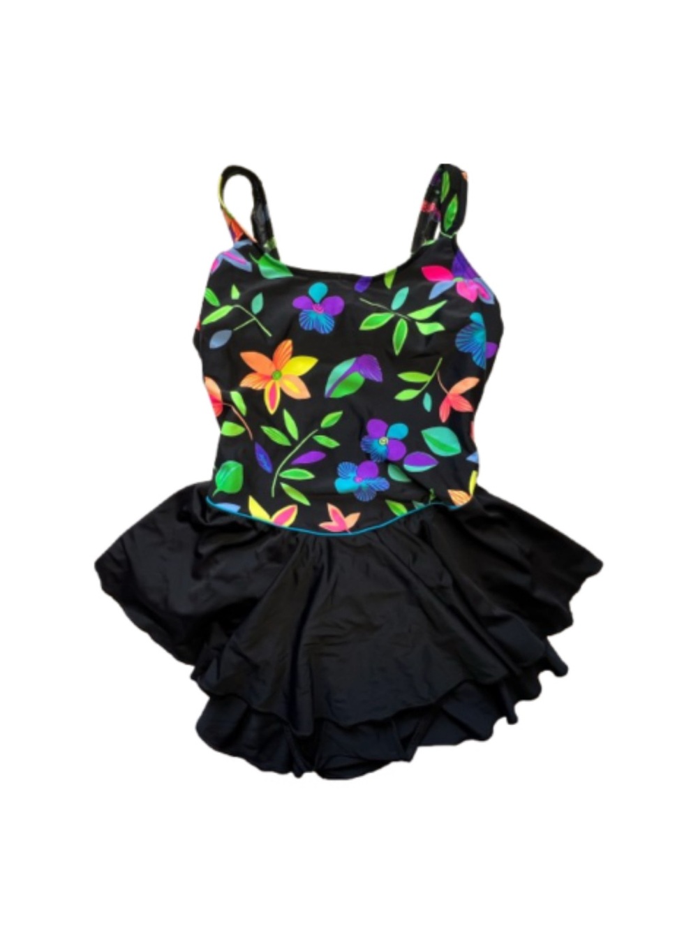 Le Cove 1990s Vintage Floral Swim Dress Skirted Plus  Size 14 Black Multicolor